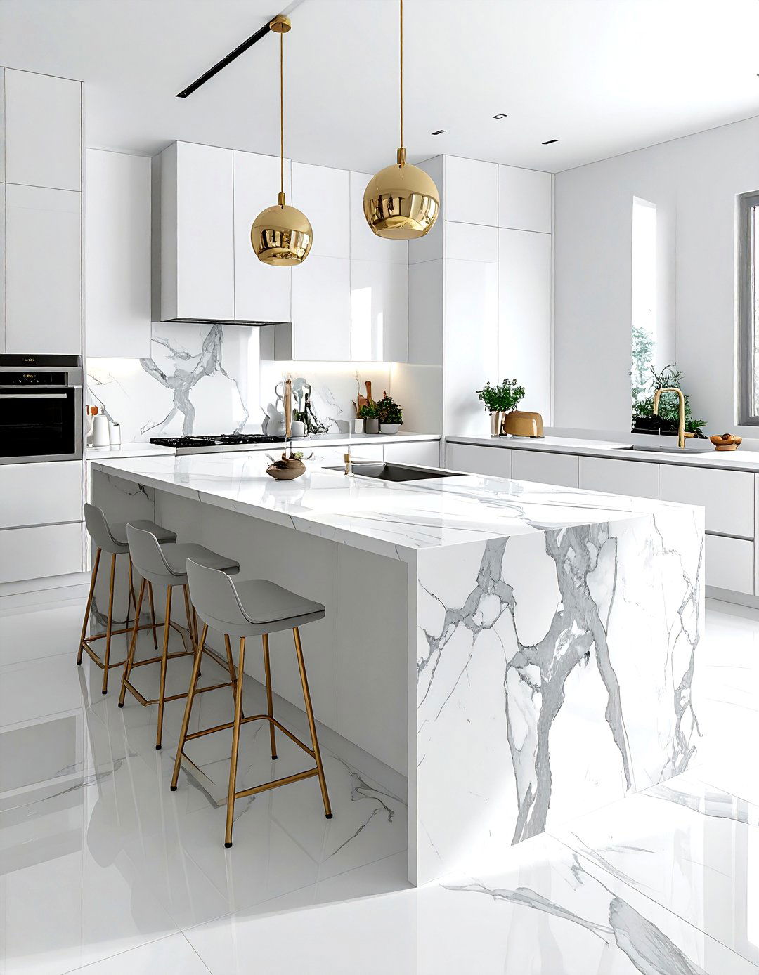 Marble Waterfall Island - 30 California kitchen ideas