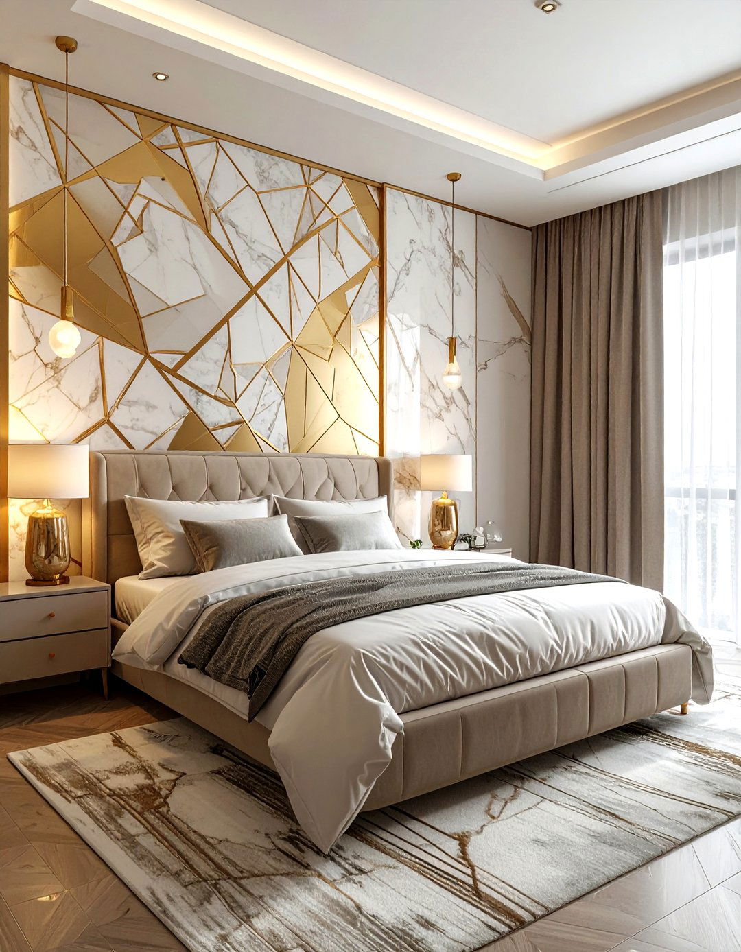 Marble and geometric wallpaper bedroom - 30 bedroom pattern mixing ideas