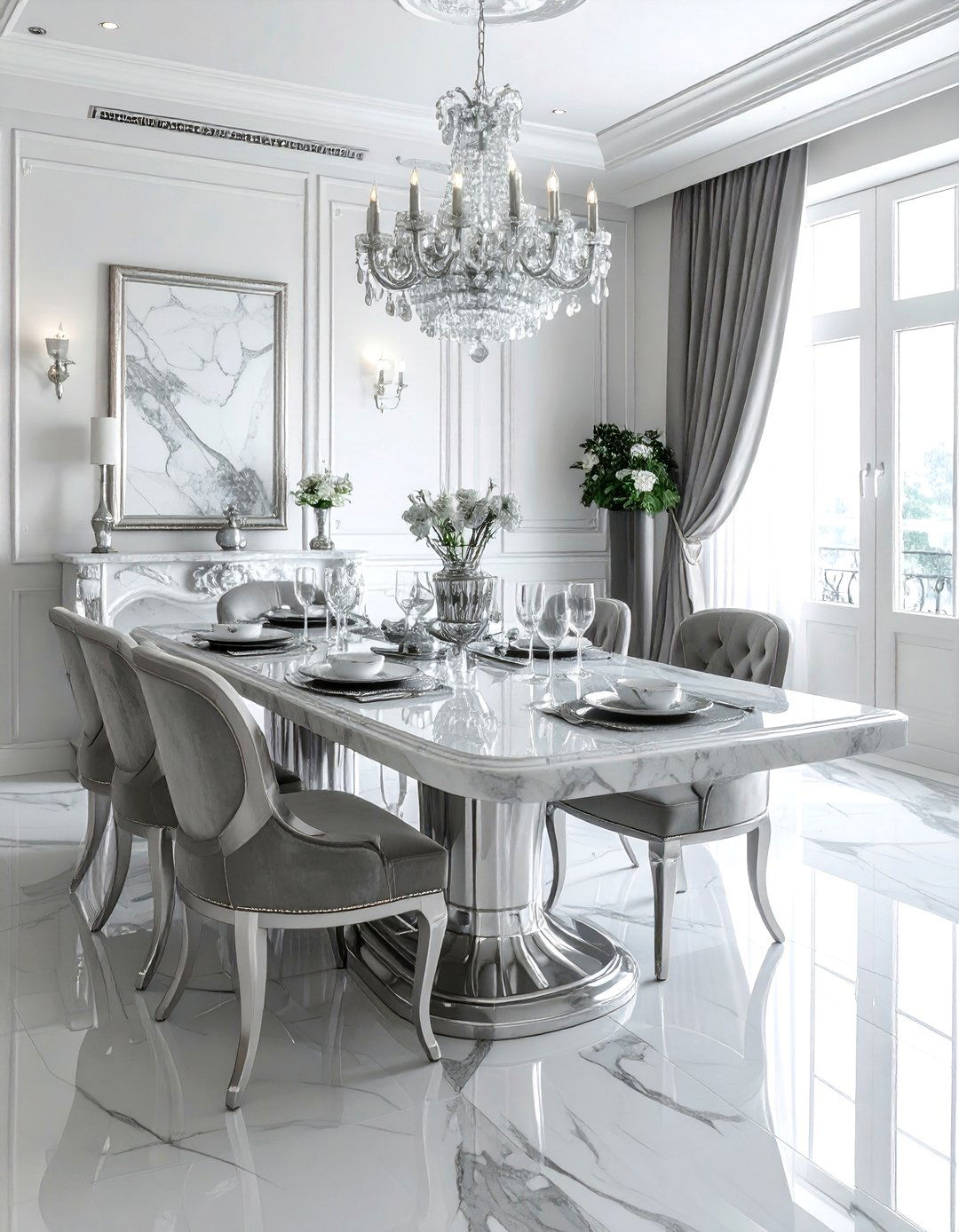 Marble and silver dining room - 30 silver accent dining room ideas