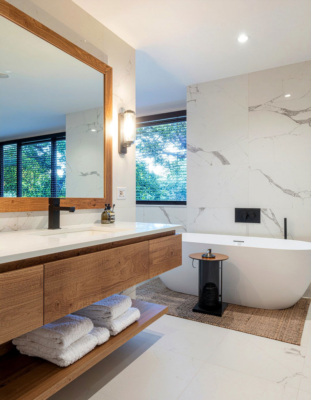 Marble and wood bathroom - 30 marble look bathroom ideas