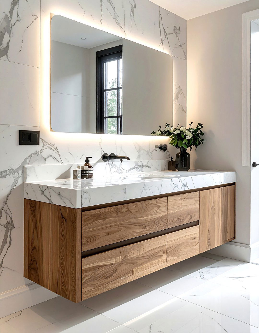 Marble and wood bathroom vanity - 30 Statuario marble bathroom ideas