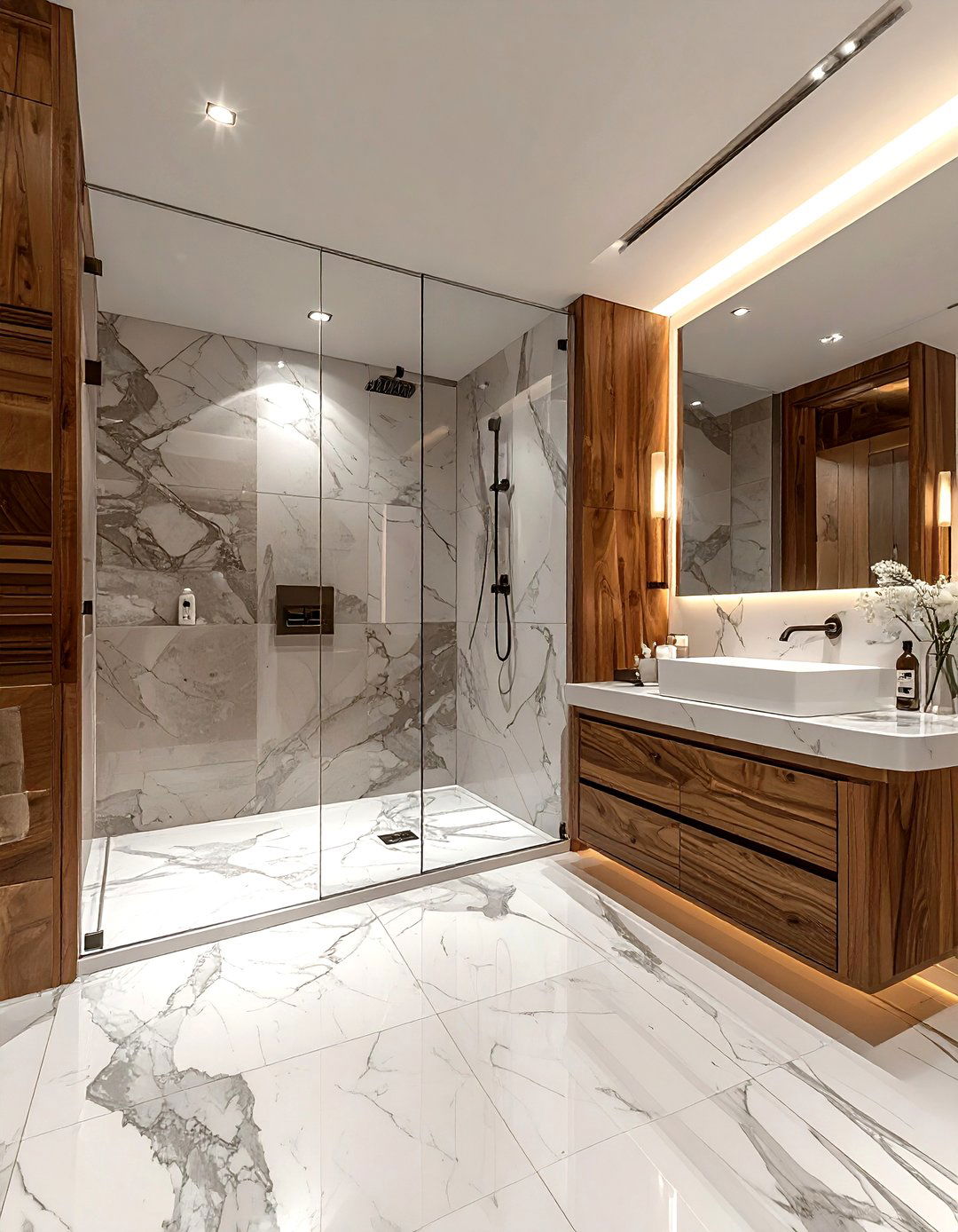 Marble and wood bathroom - 30 brown and white bathroom ideas