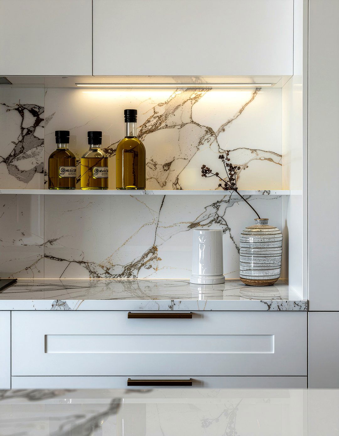 Marble backsplash shelf - 30 kitchen layering ideas