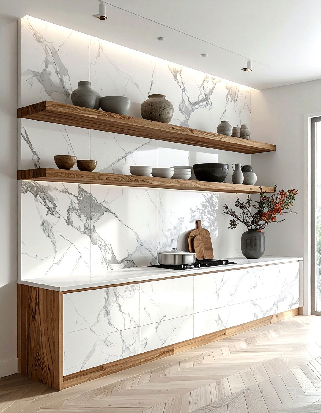 Marble backsplash with open shelving - 30 marble backsplash kitchen ideas