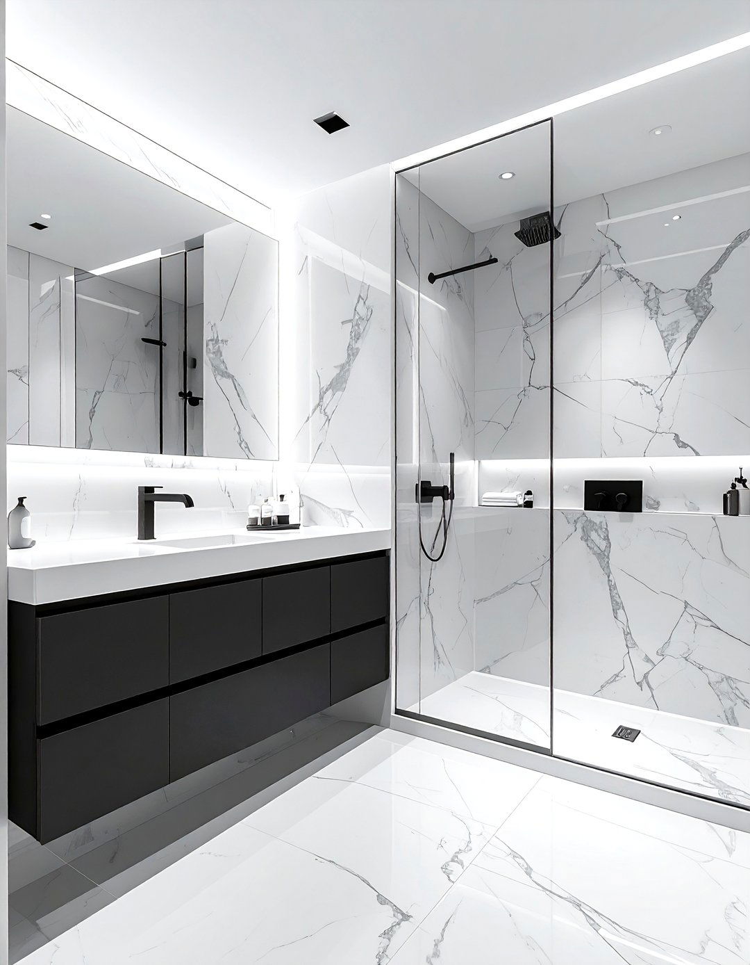 Marble bathroom matte black hardware - 30 Statuario marble bathroom ideas