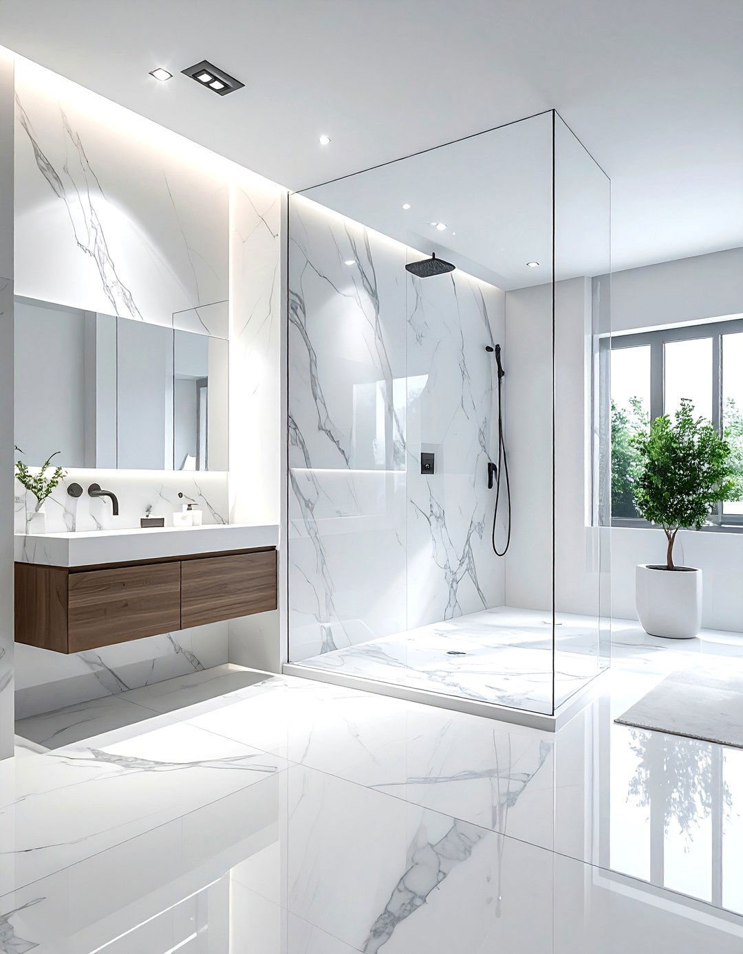 Marble bathroom with glass partition - 30 Statuario marble bathroom ideas