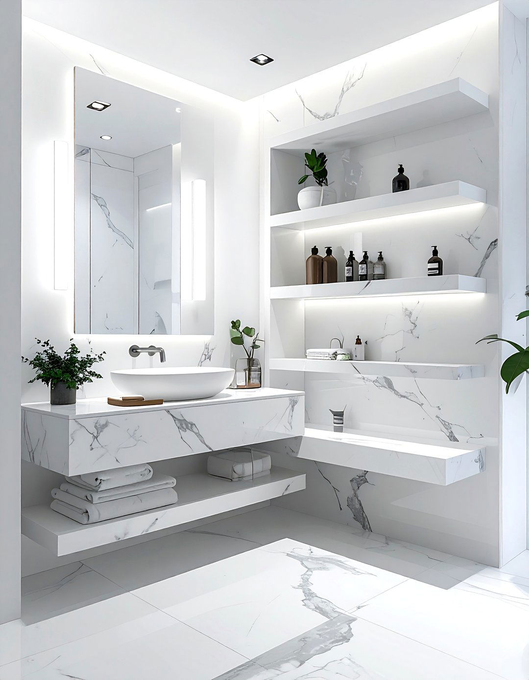 Marble bathroom with open shelving - 30 Statuario marble bathroom ideas