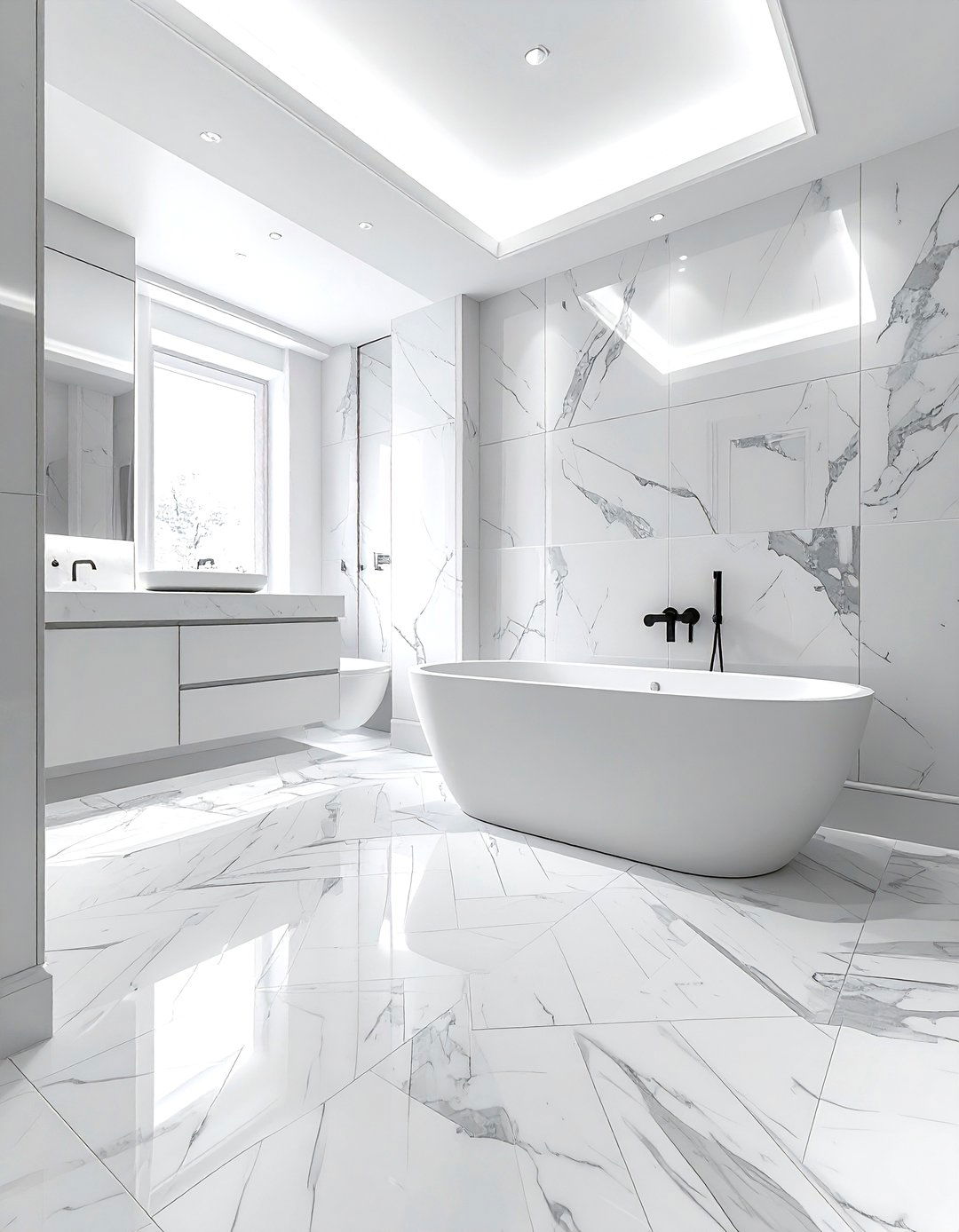 Marble bathroom with pattern flooring - 30 Statuario marble bathroom ideas