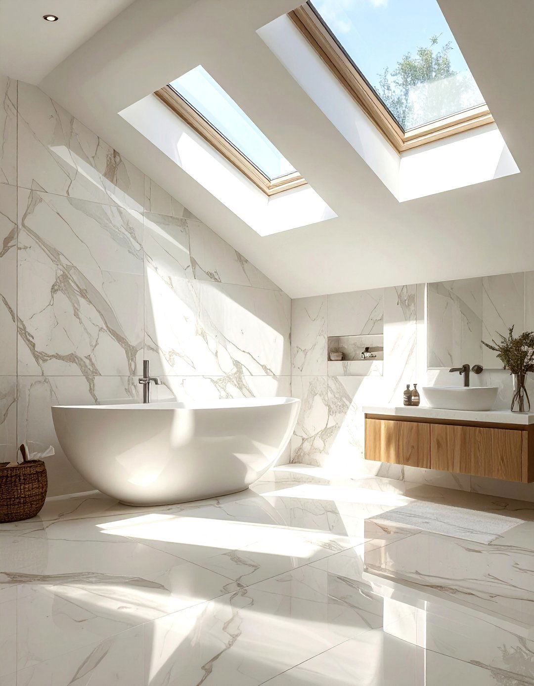 Marble bathroom with skylight - 30 Statuario marble bathroom ideas
