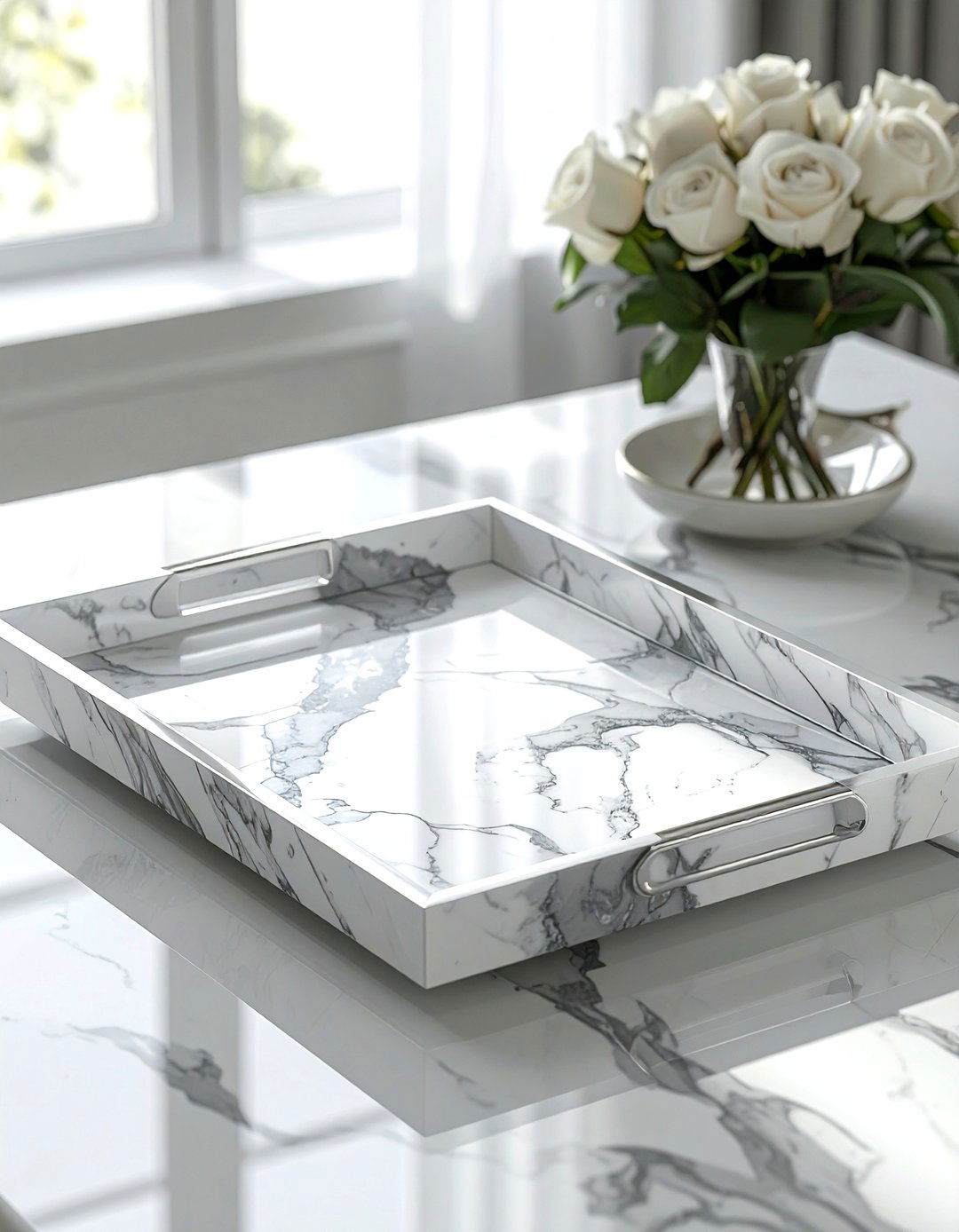 Marble coffee table tray - 30 grey living room accessories ideas