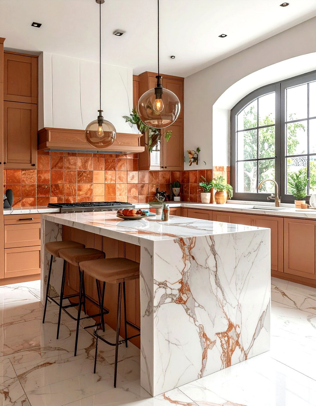 Marble countertop with terracotta tiles - 30 terracotta kitchen ideas