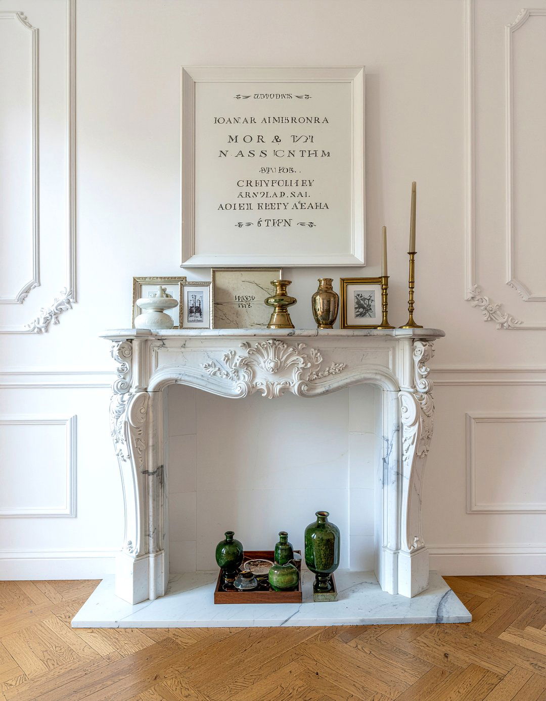Marble fireplace mantel decor - 30 Parisian living room ideas