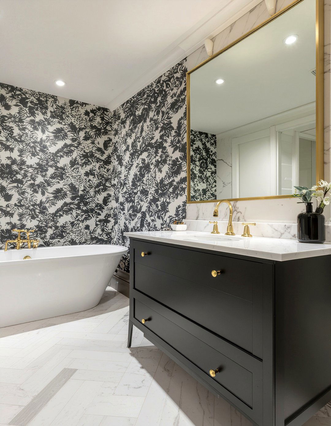 Marble herringbone and floral wallpaper - 30 bathroom pattern mixing ideas