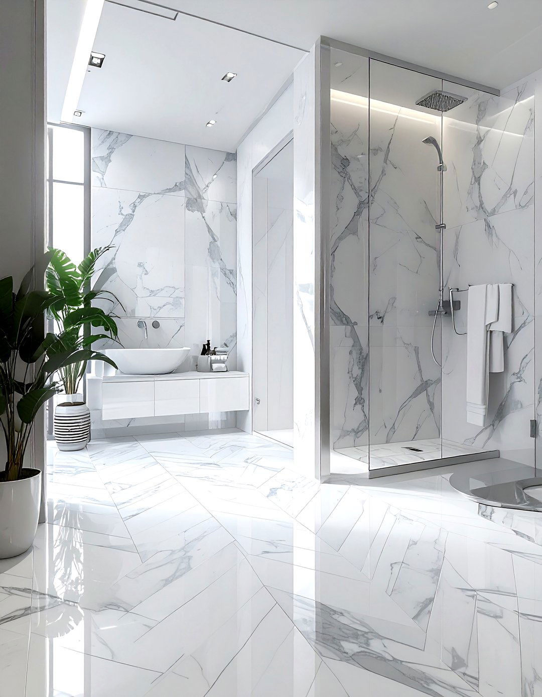 Marble herringbone floor - 30 bathroom flooring ideas