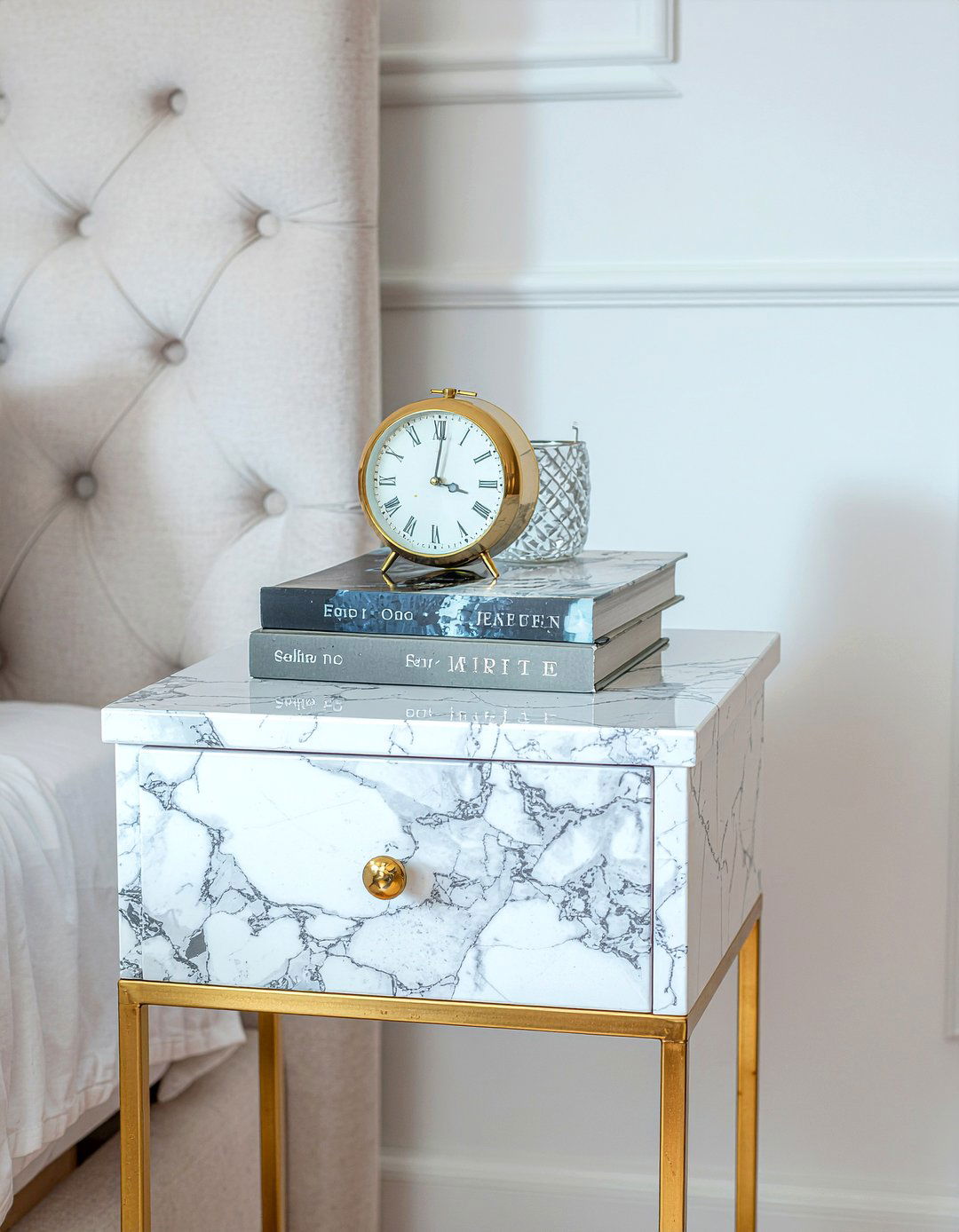 Marble nightstand - 30 glam bedroom ideas