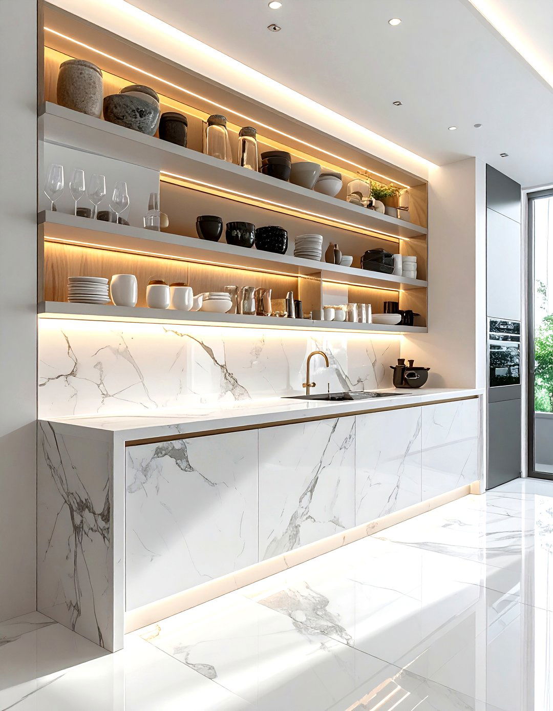 Marble open shelving - 30 marble kitchen ideas
