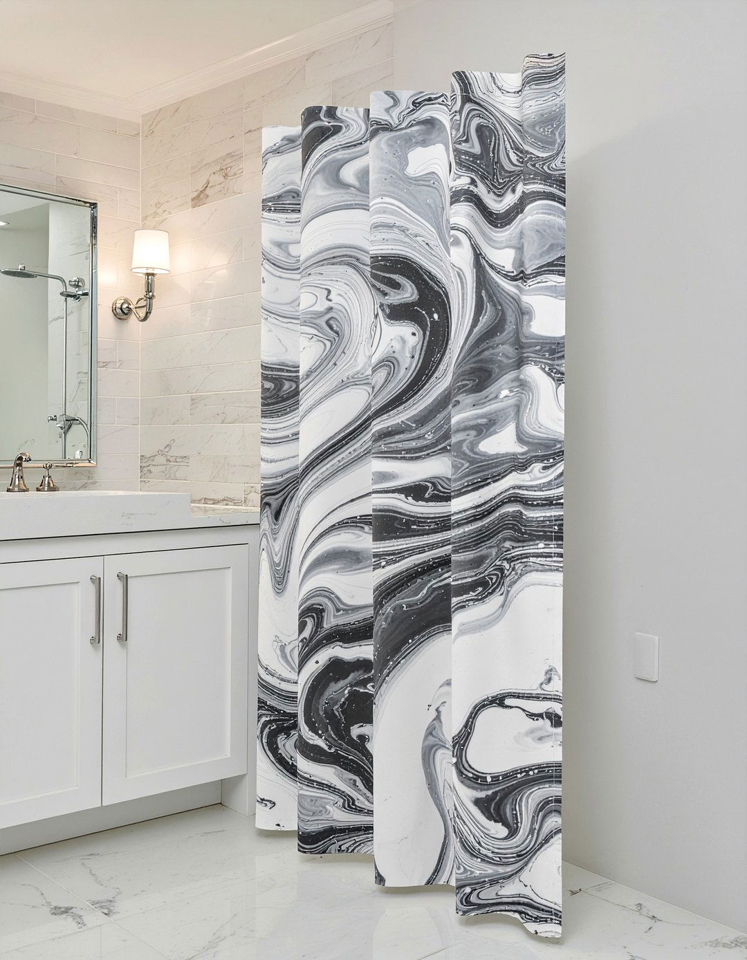 Marble print shower curtain - 30 bathroom curtain ideas