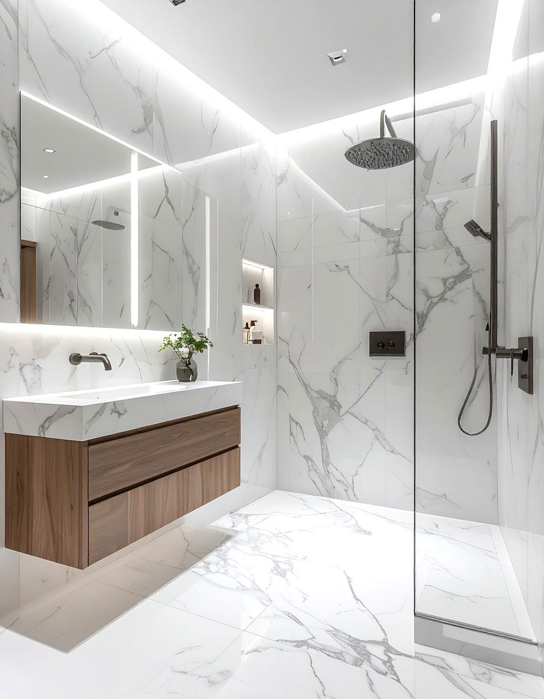 Marble shower with integrated storage - 30 Statuario marble bathroom ideas