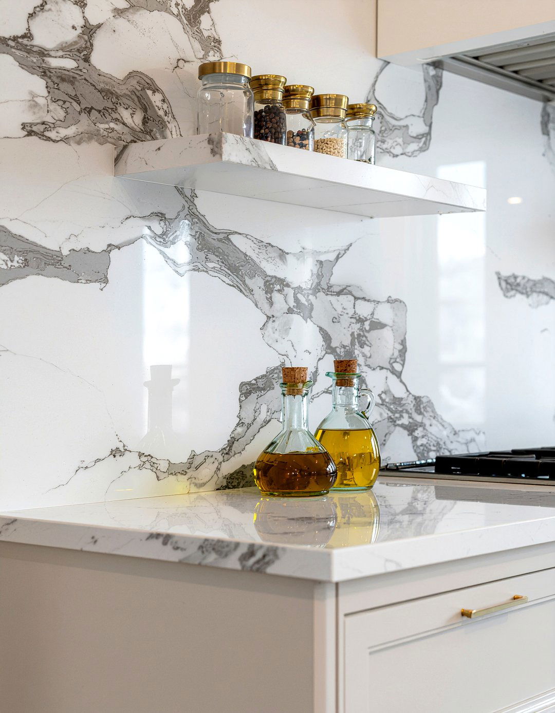 Marble slab backsplash with matching shelf - 30 open shelf backsplash kitchen ideas