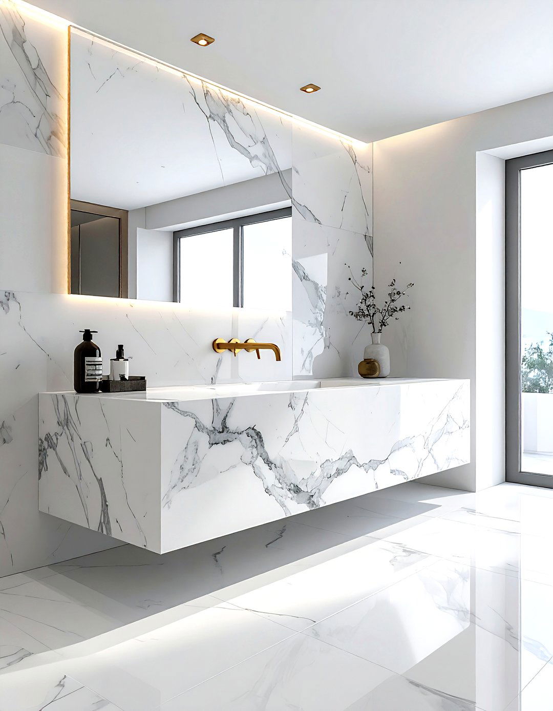 Marble slab floating vanity - 30 Mediterranean bathroom ideas