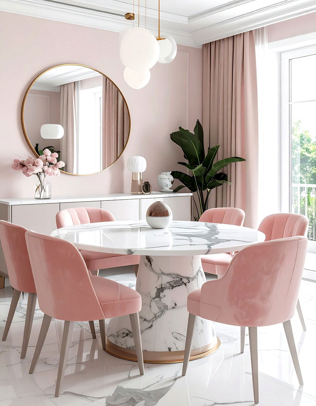 Marble table blush dining room - 30 blush and white dining room ideas