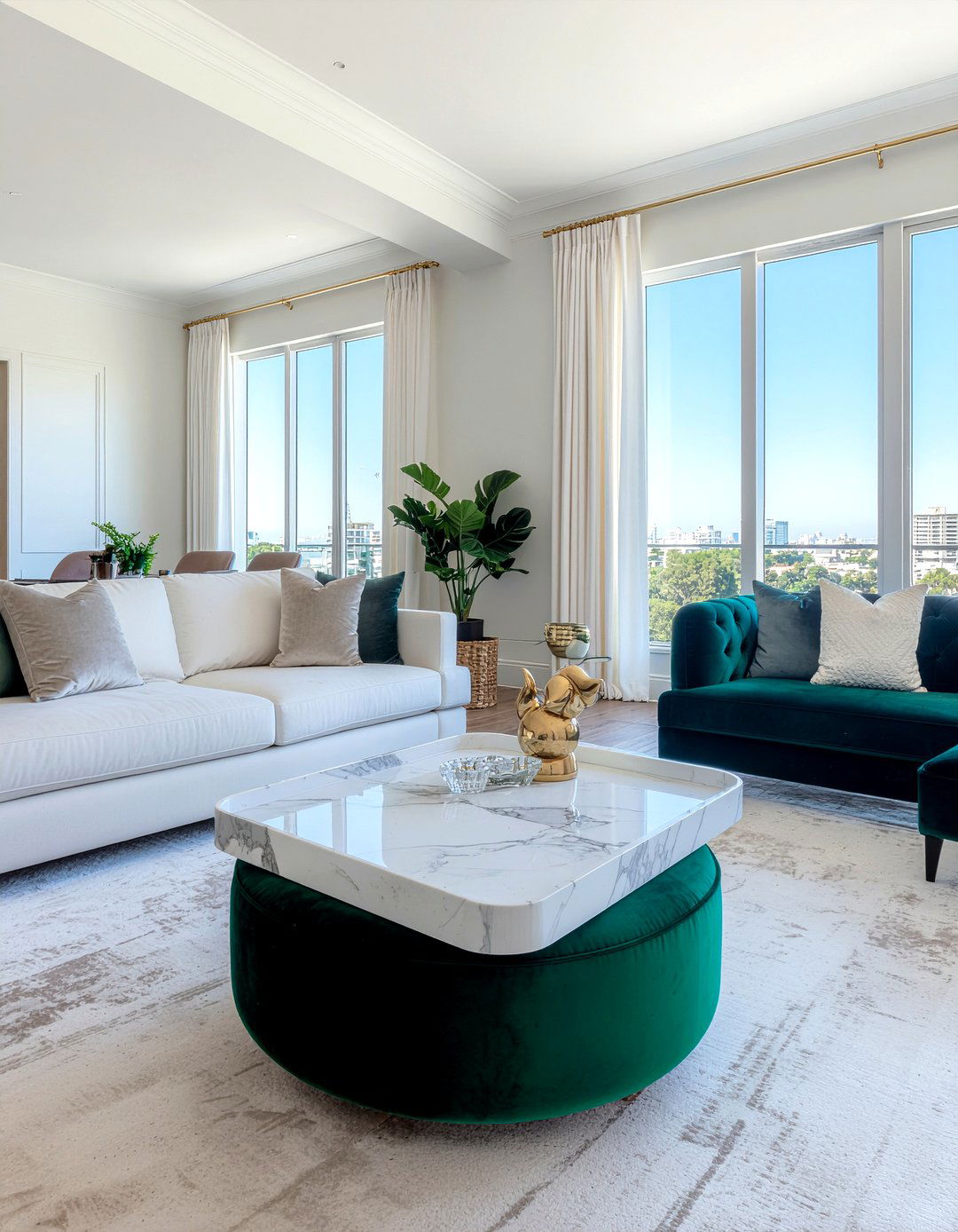 Marble tray on velvet ottoman - 30 living room tray ottoman ideas