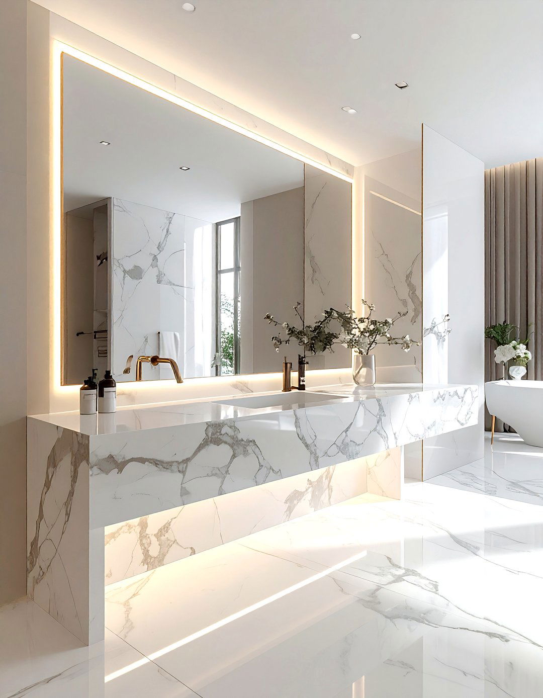 Marble vanity with large mirror - 30 Statuario marble bathroom ideas