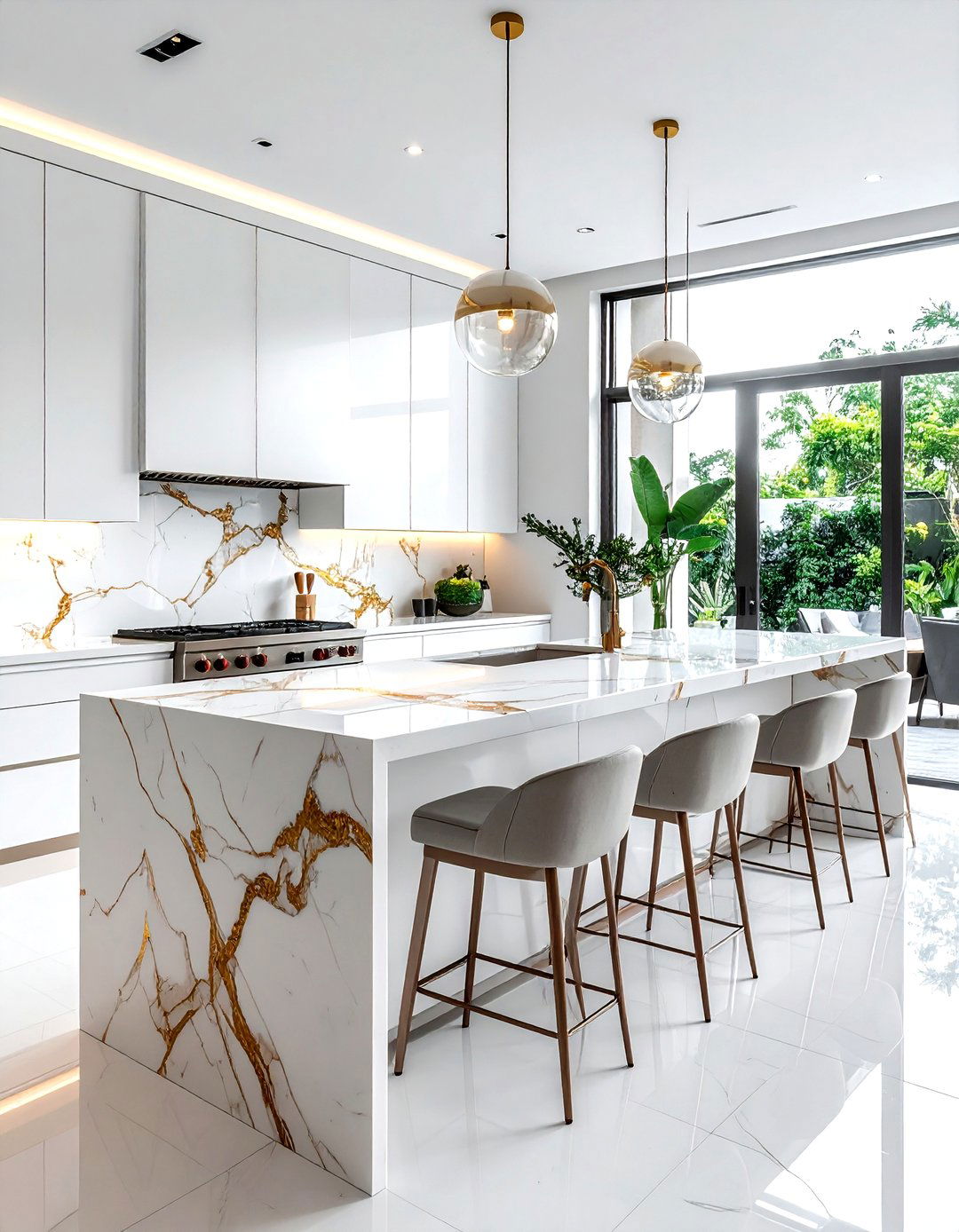 Marble waterfall countertop - 30 custom kitchen ideas