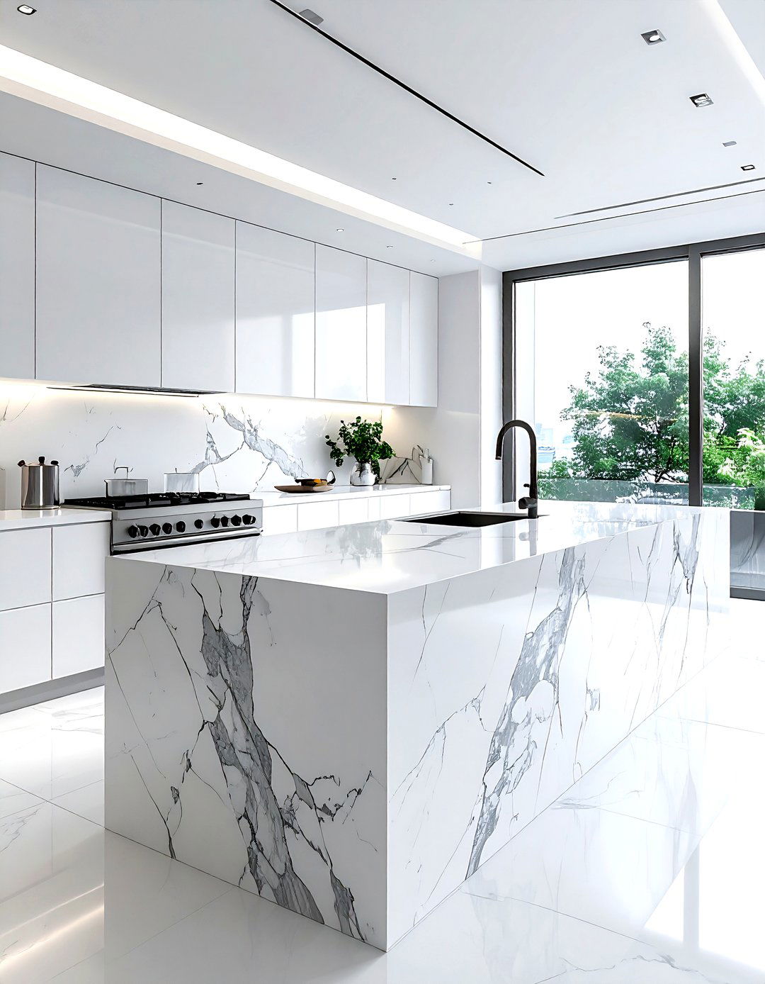 Marble waterfall island - 30 marble kitchen ideas