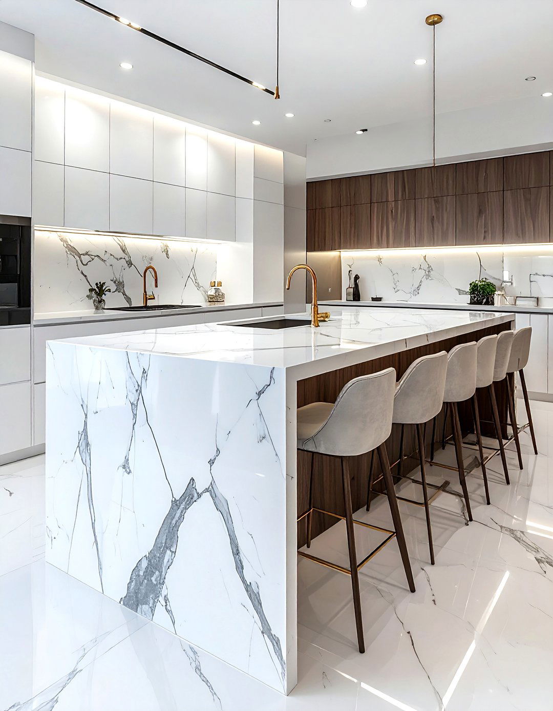 Marble waterfall island - 30 high-end decor ideas