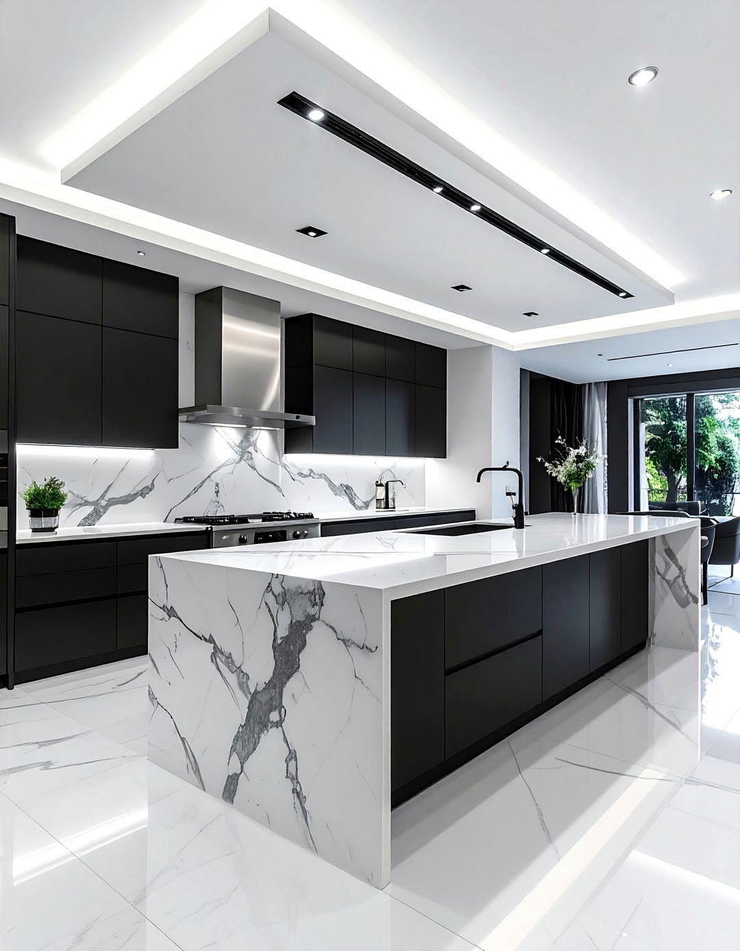 Marble waterfall island kitchen - 30 open plan kitchen ideas
