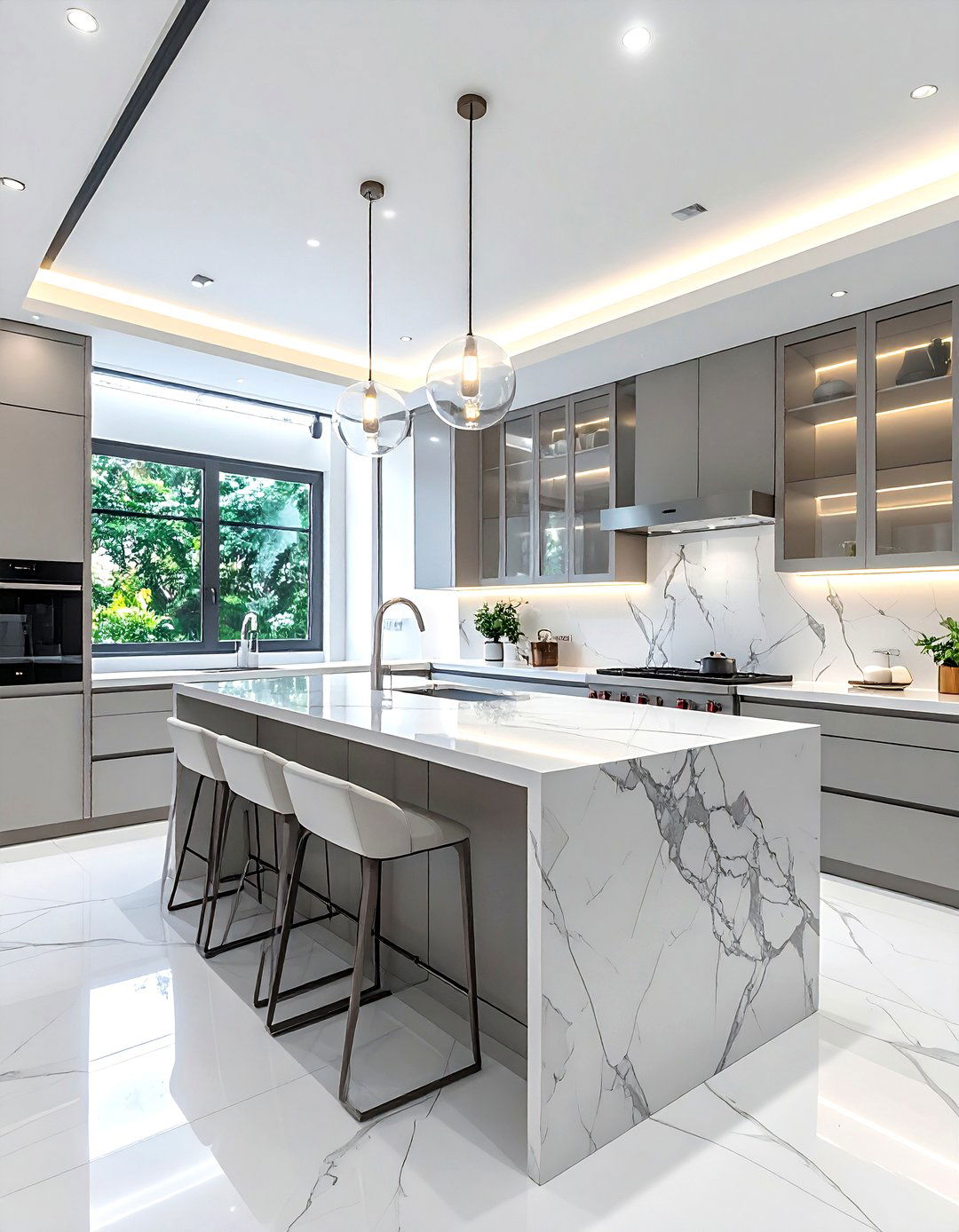 Marble with glass cabinets - 30 marble kitchen ideas