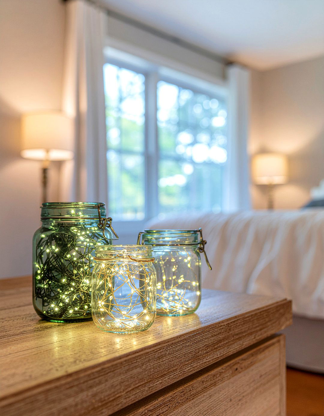 Mason jar fairy lights - 30 bedroom fairy lights ideas