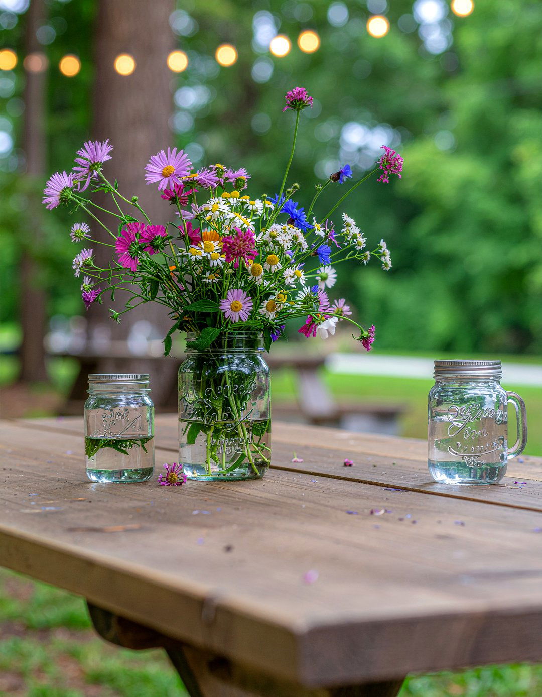 Mason jar wildflower display - 30 floral centerpiece dining ideas