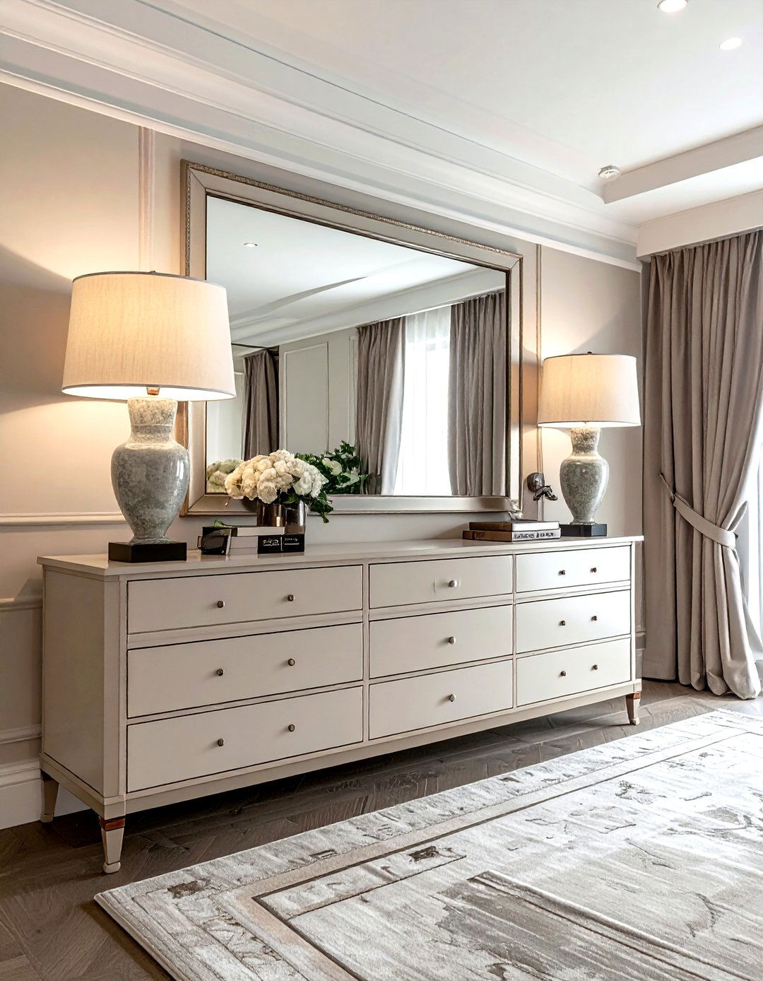 Matching lamps dresser styling - 30 dresser vignette ideas