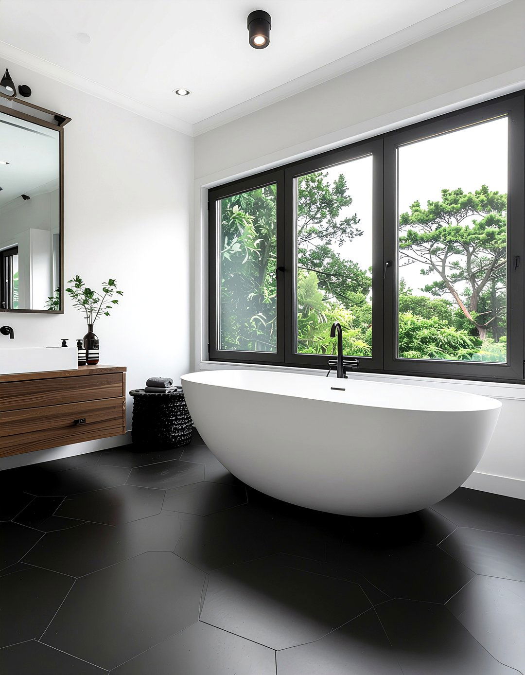 Matte Black Hexagon Tile - 30 bathroom floor statement ideas