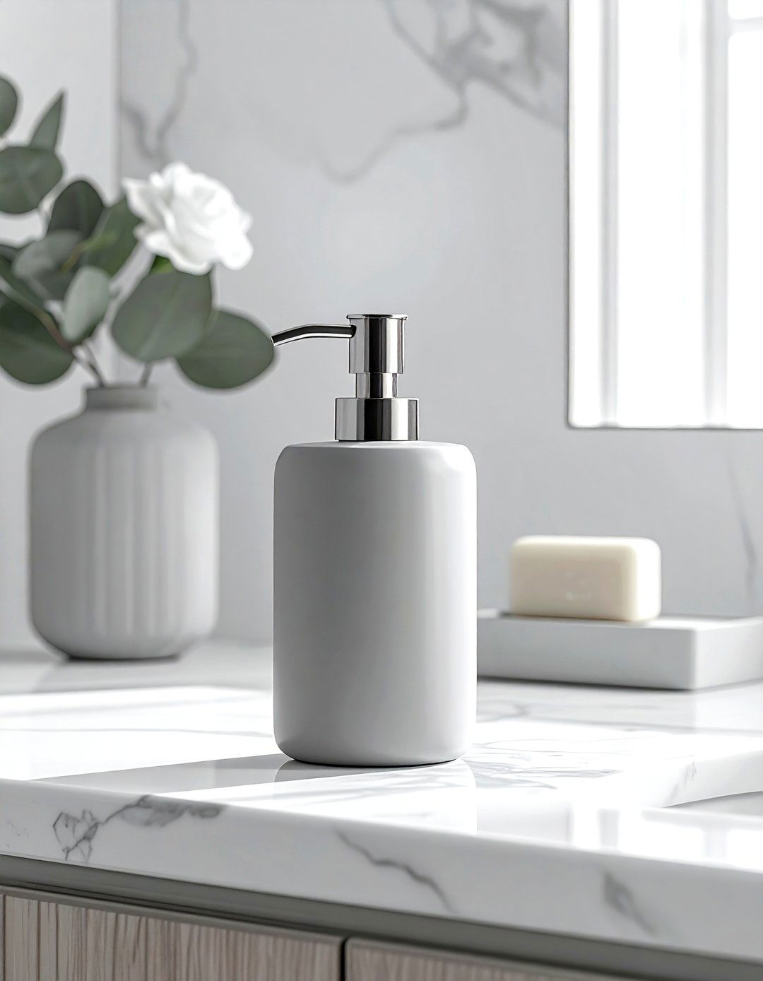 Matte Grey Soap Dispenser - 30 grey bathroom accessories ideas