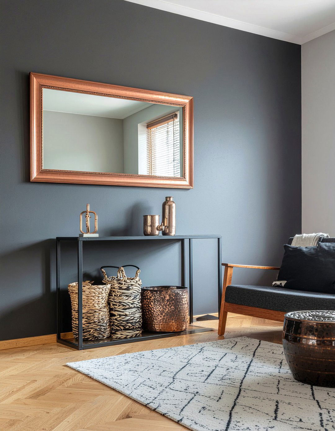 Matte black and copper - 30 copper accent living room ideas