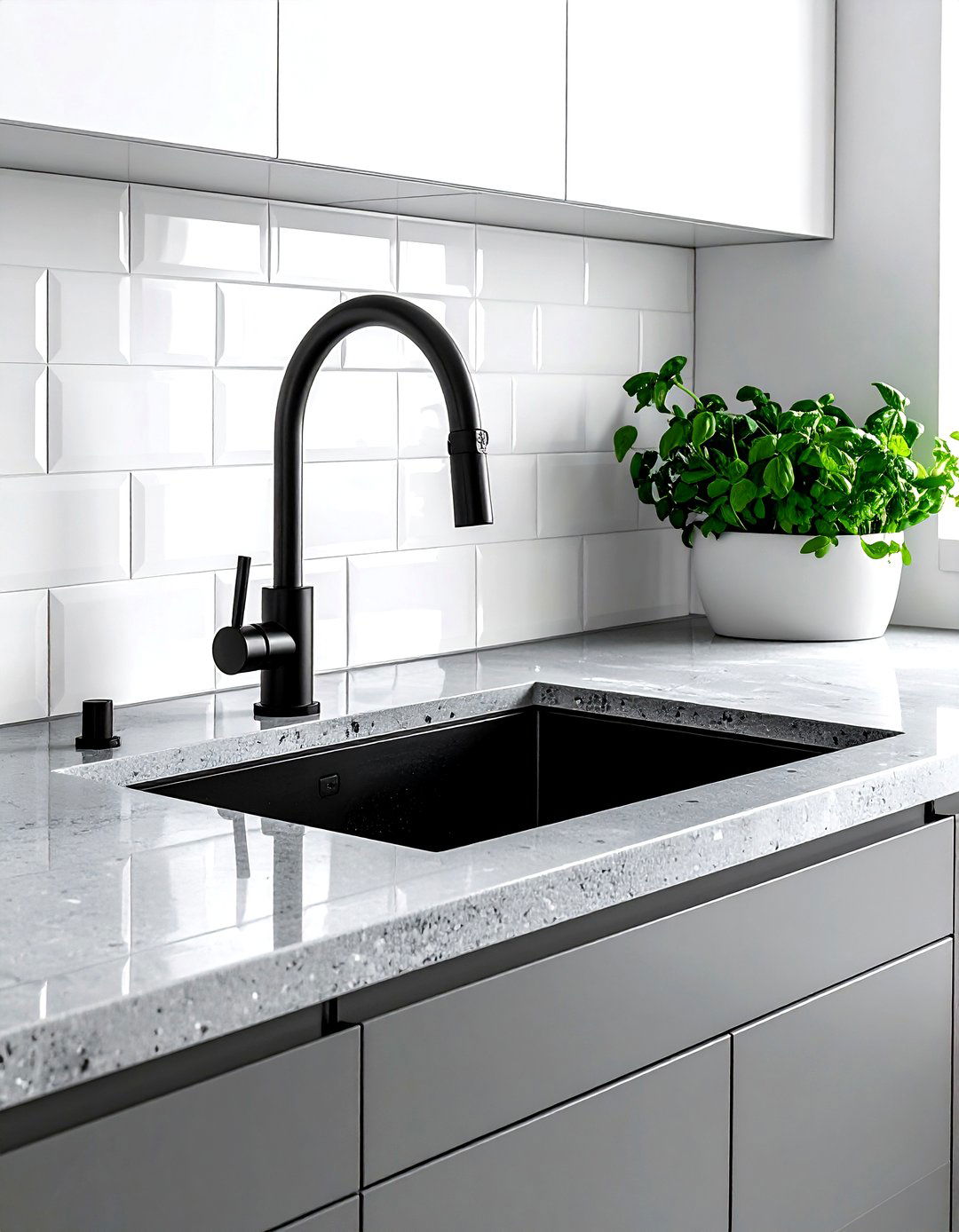 Matte black faucet with stone sink - 30 kitchen texture layering ideas