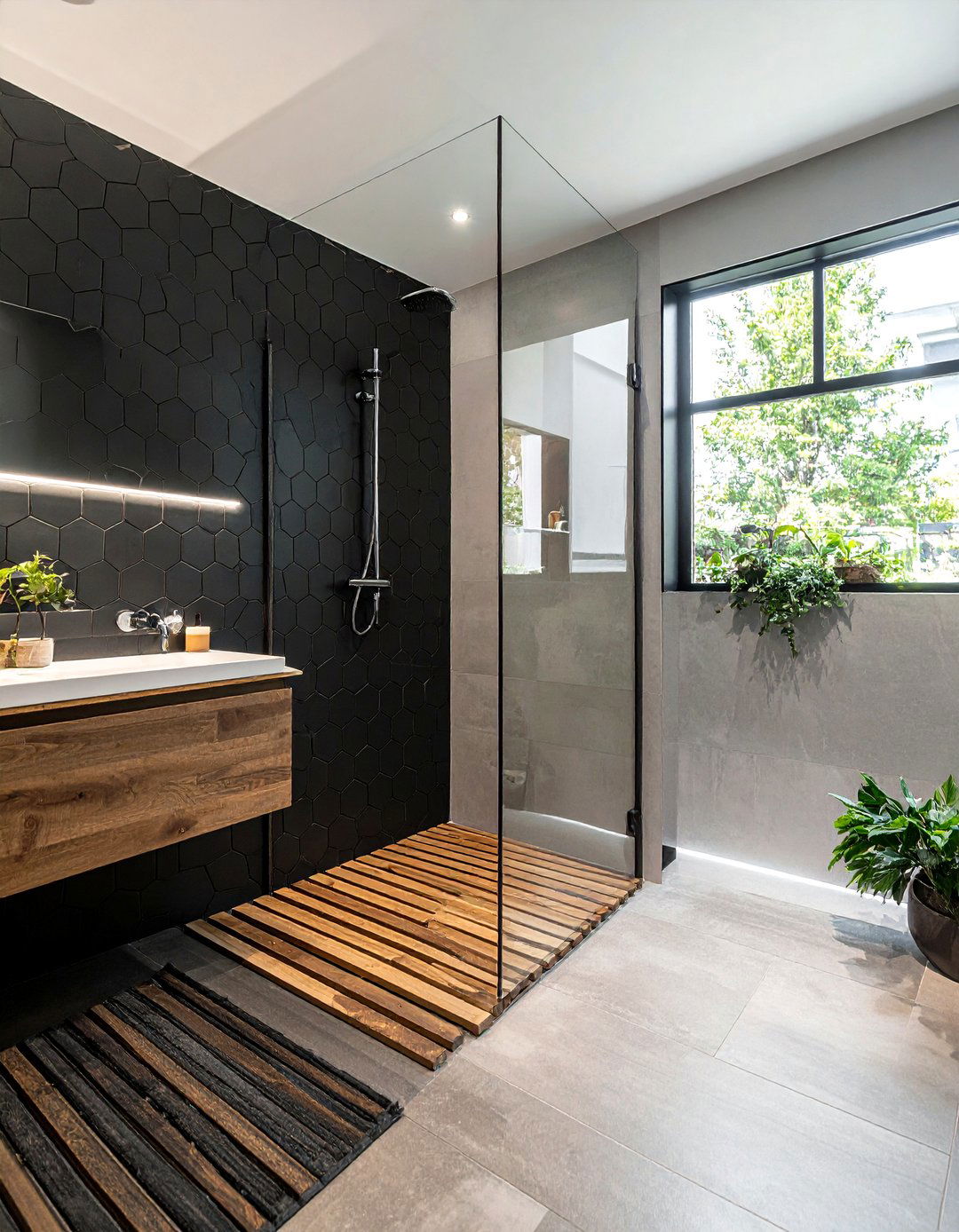Matte black hexagon shower wall - 30 black hexagon tile bathroom ideas