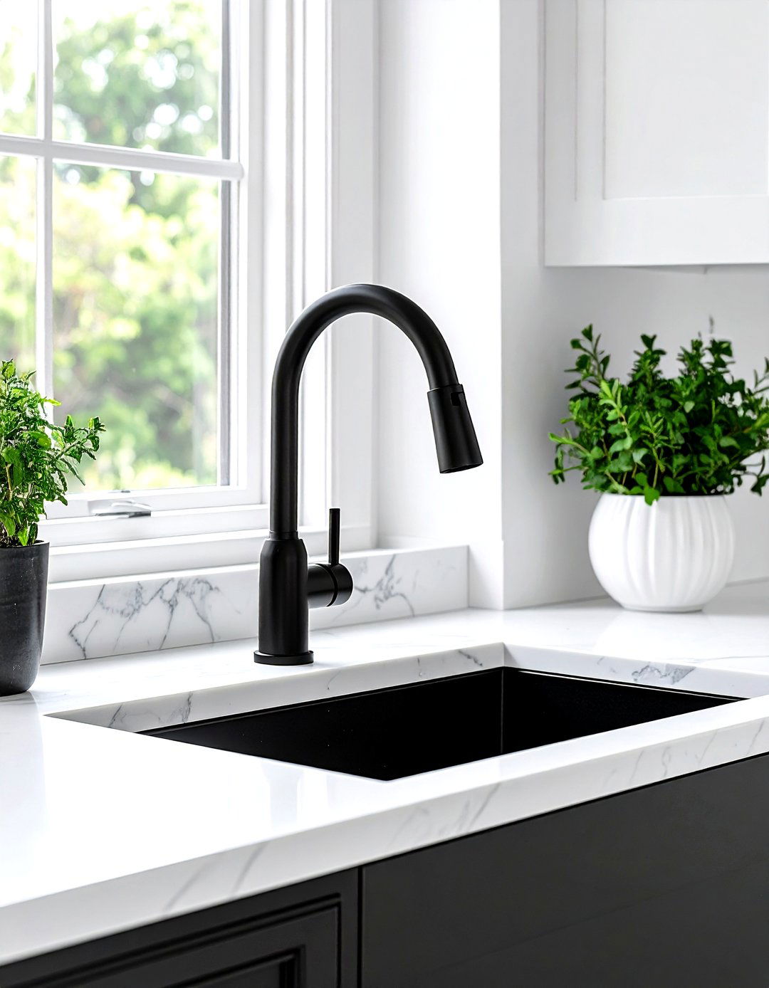Matte black kitchen faucet - 30 white kitchen decor ideas