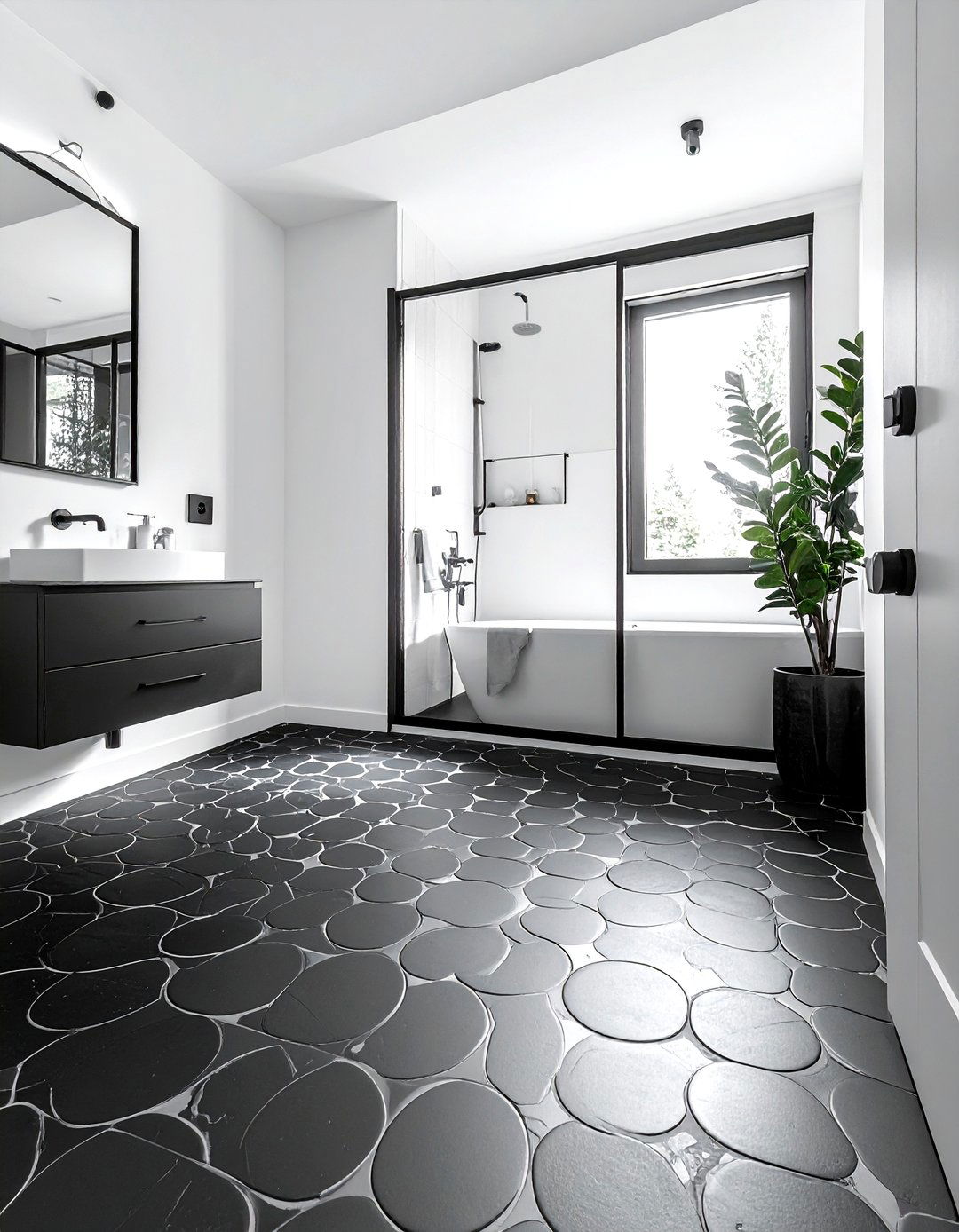 Matte black penny tile floor - 30 penny round tile bathroom ideas