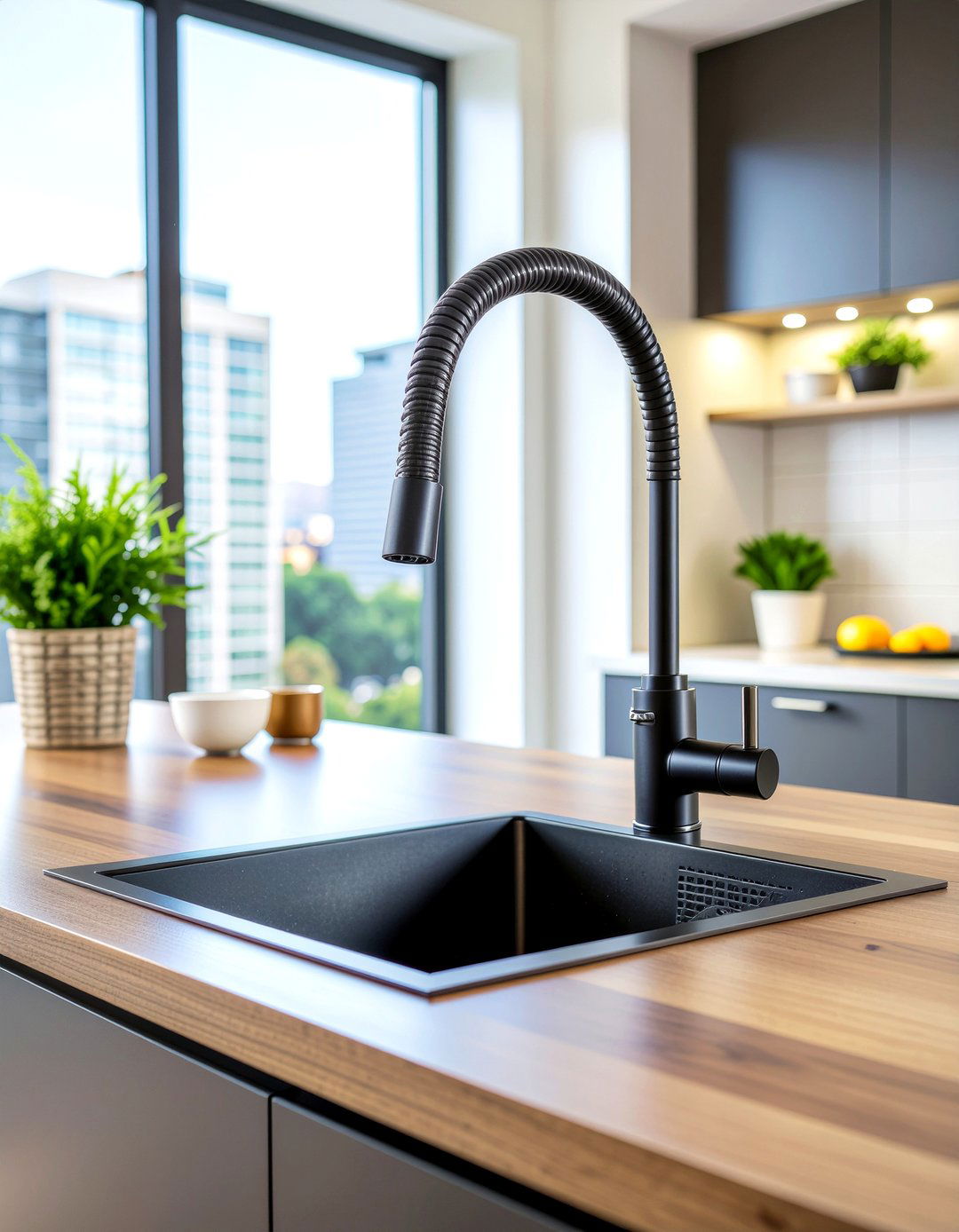Matte black spring neck kitchen faucet - 30 matte black faucet ideas