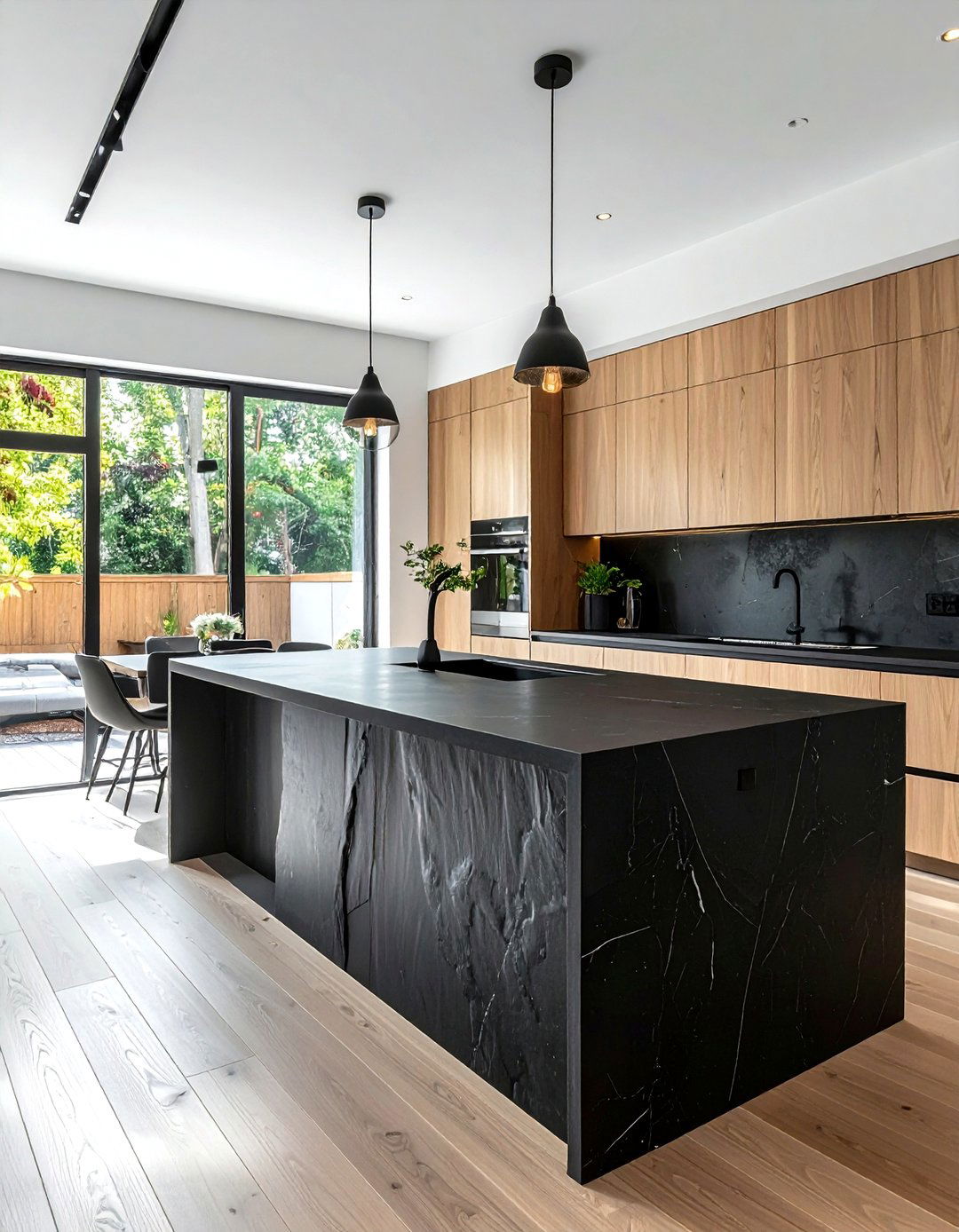 Matte black waterfall island - 30 waterfall countertop kitchen ideas