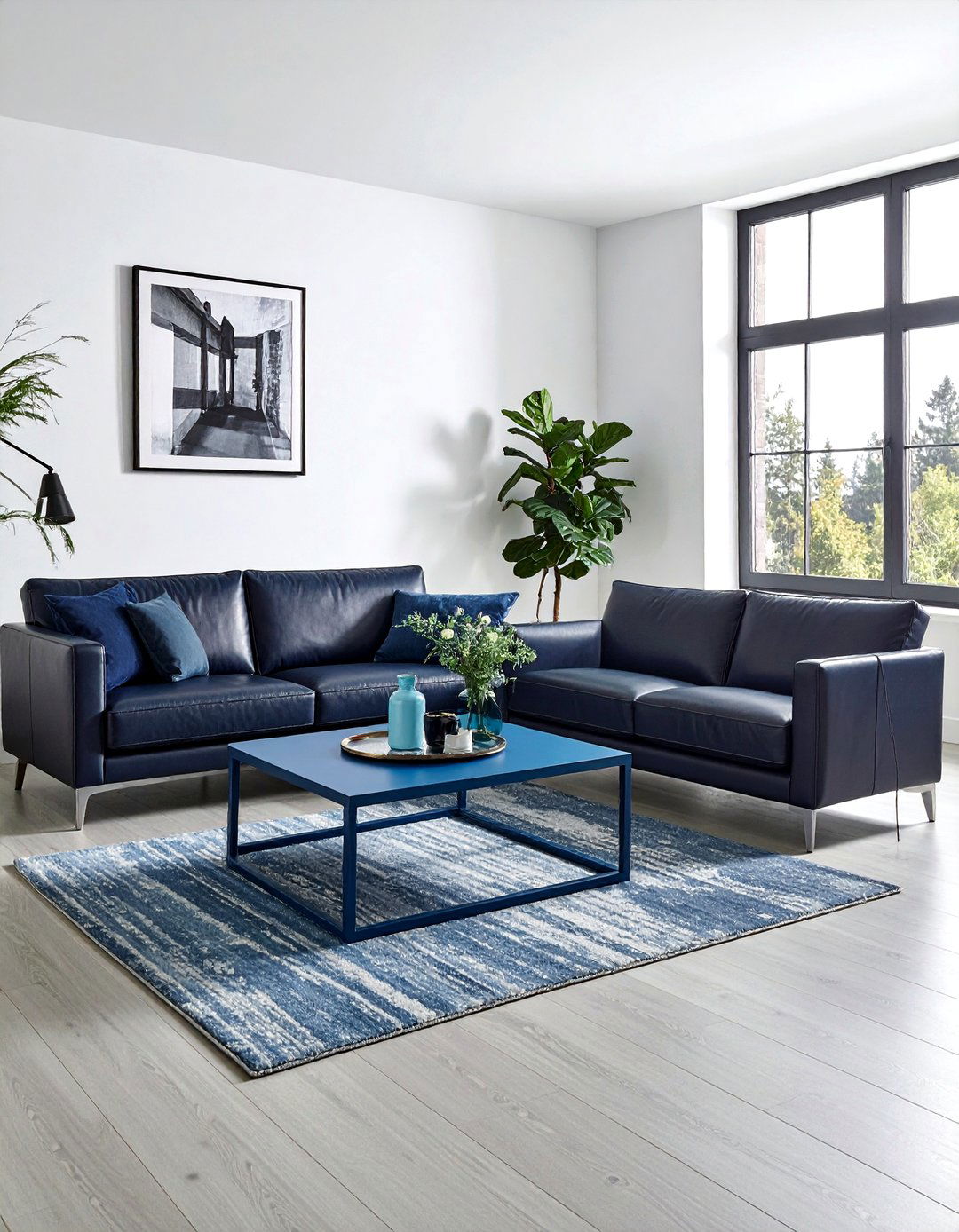 Matte blue metal coffee table living room - 30 industrial blue living room ideas