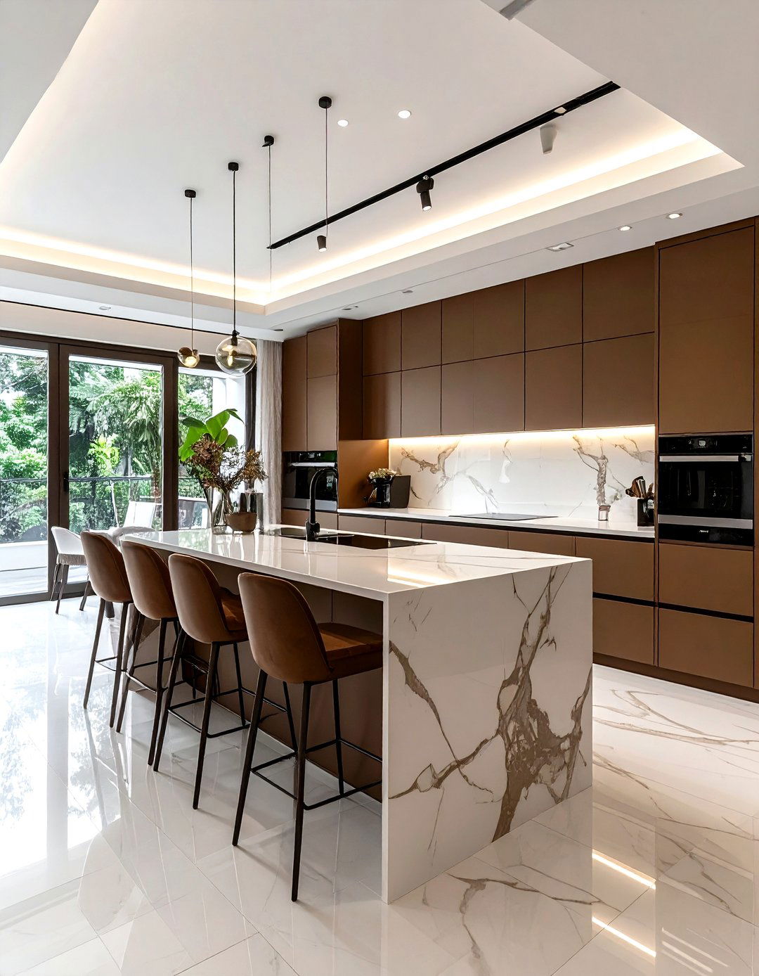Matte brown kitchen with white marble - 30 brown and white kitchen ideas