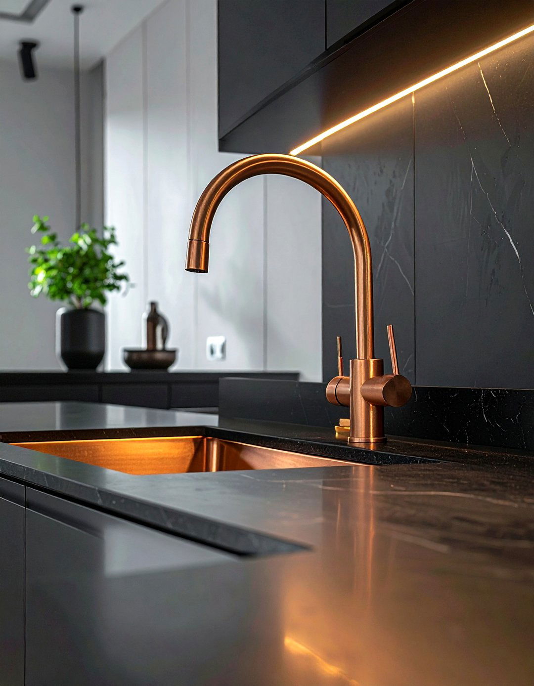 Matte copper faucet on black countertop - 30 copper kitchen faucet ideas