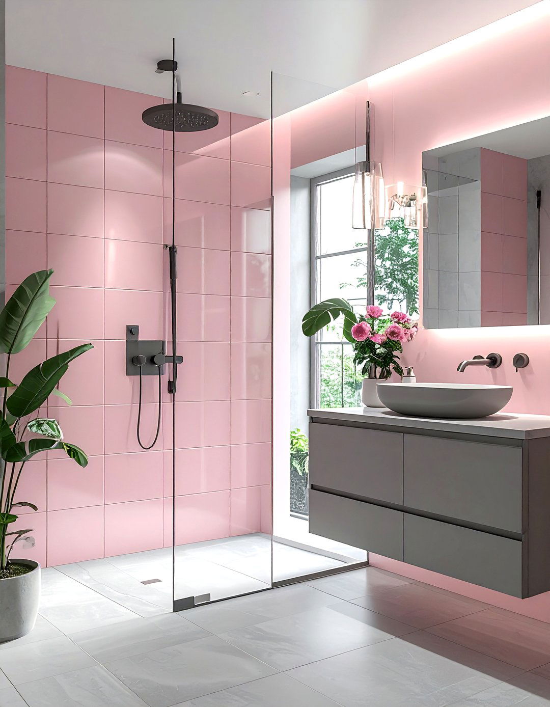Matte gray fixtures - 30 pink and gray bathroom ideas