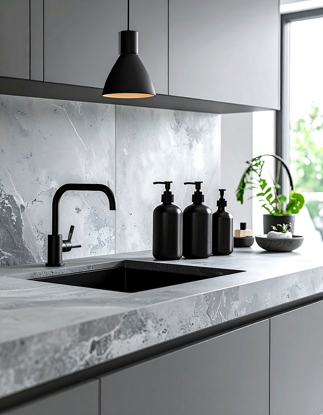 Matte grey kitchen with black soap dispensers - 30 grey kitchen accessories ideas