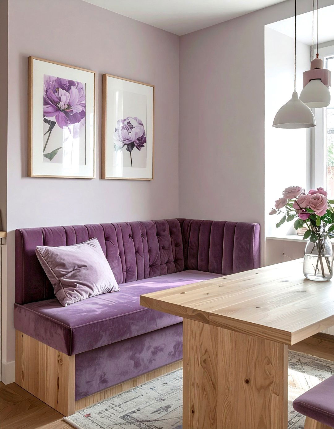 Mauve velvet banquette for cozy kitchen corner - 30 velvet kitchen ideas